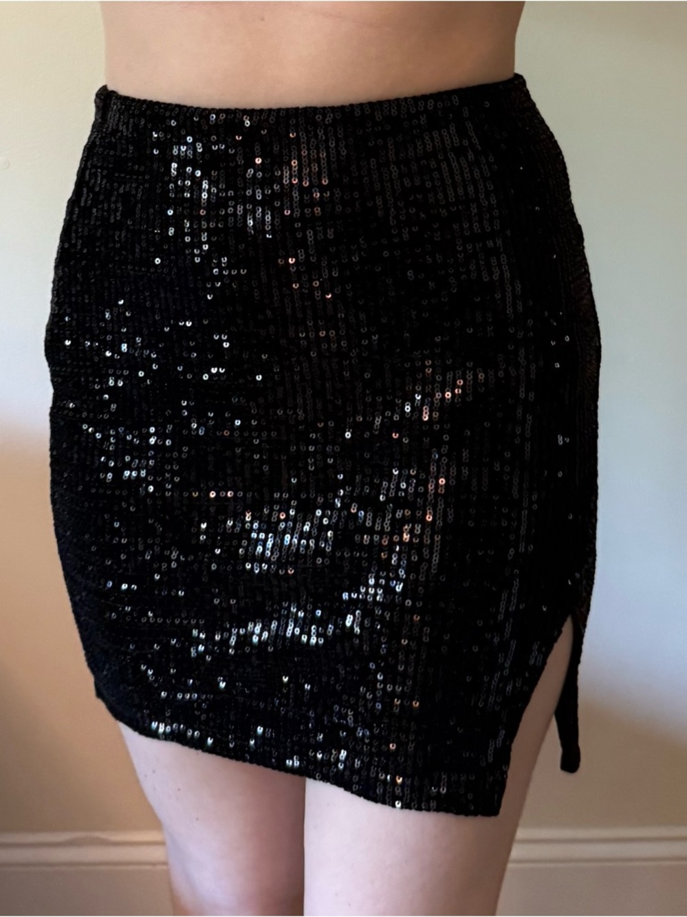 Black Sequin Mini Skirt with Side Slit
